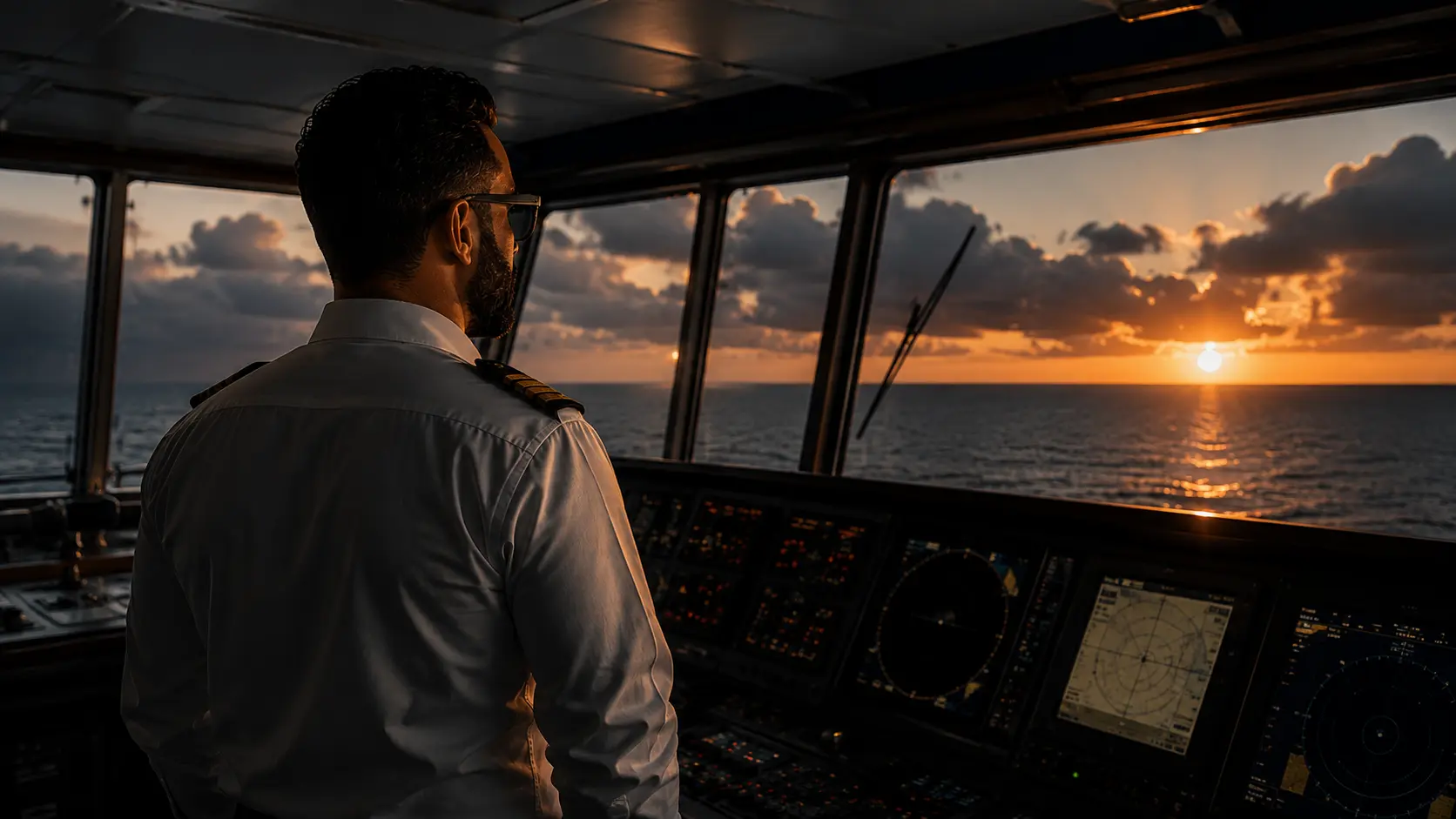 Kapten p&aring; bryggan med havet och solnedg&aring;ngen framf&ouml;r sig